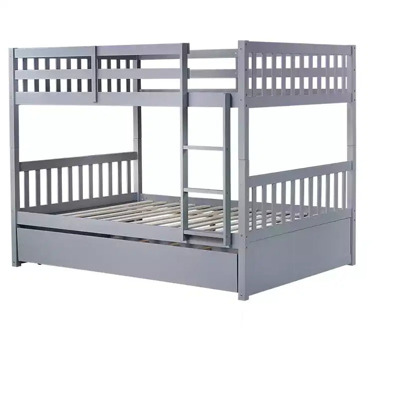 Lit superposé Bellemave double sur double en bois d'hévéa avec lit gigogne, échelle et balustrades, convertible en 2 lits doubles, avec lit gigogne double