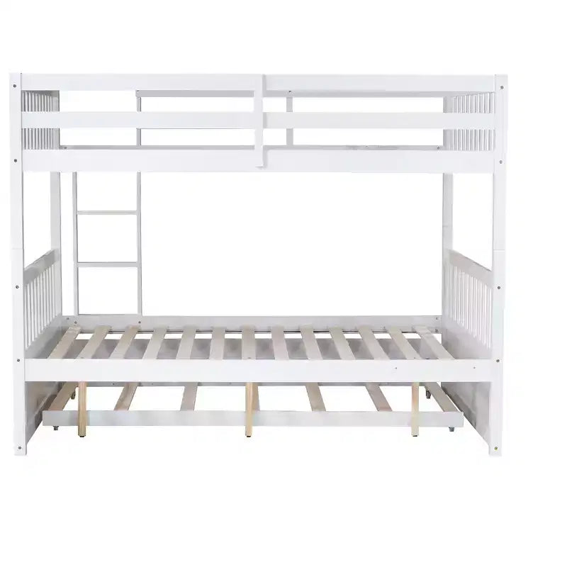 Lit superposé Bellemave double sur double en bois d'hévéa avec lit gigogne, échelle et balustrades, convertible en 2 lits doubles, avec lit gigogne double