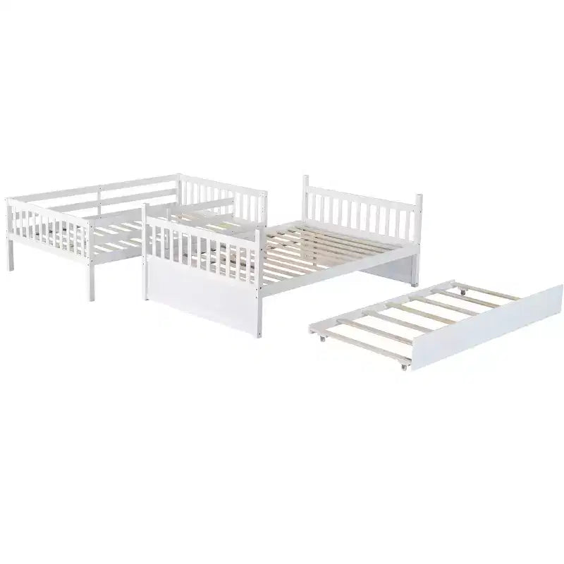 Lit superposé Bellemave double sur double en bois d'hévéa avec lit gigogne, échelle et balustrades, convertible en 2 lits doubles, avec lit gigogne double