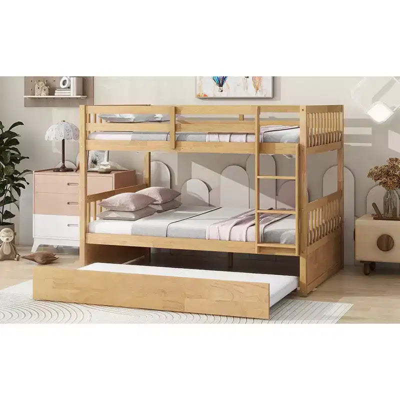 Lit superposé Bellemave double sur double en bois d'hévéa avec lit gigogne, échelle et balustrades, convertible en 2 lits doubles, avec lit gigogne double