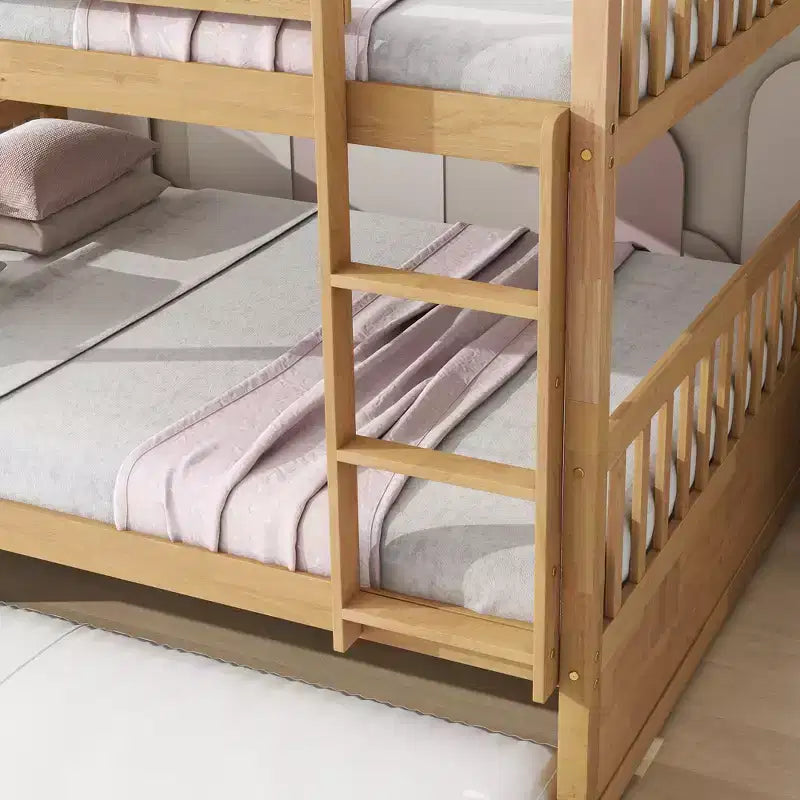 Lit superposé Bellemave double sur double en bois d'hévéa avec lit gigogne, échelle et balustrades, convertible en 2 lits doubles, avec lit gigogne double