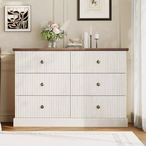 6-Drawer Fluted Dresser,47Modern Horizontal Wood Chest of Drawers with Metal Handles,Stylish Bedroom Storage for Guest Room or Apartment