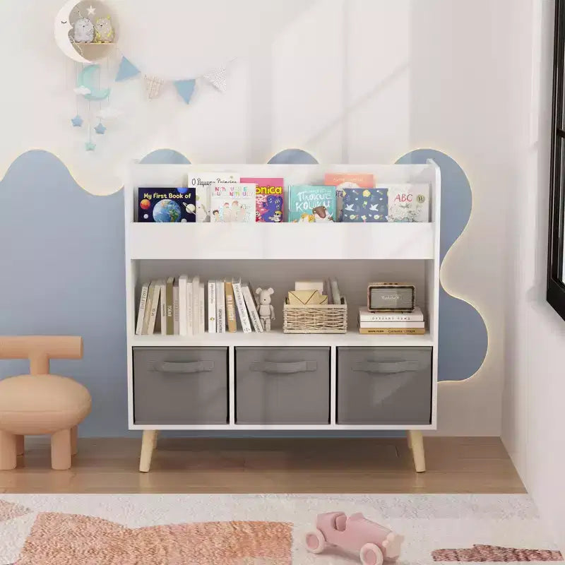 Kids Bookshelf with 3 Fabric Bins, Childrens Bookcase and Toy Storage Organizer for Playroom, Bedroom or Nursery, White & Gray