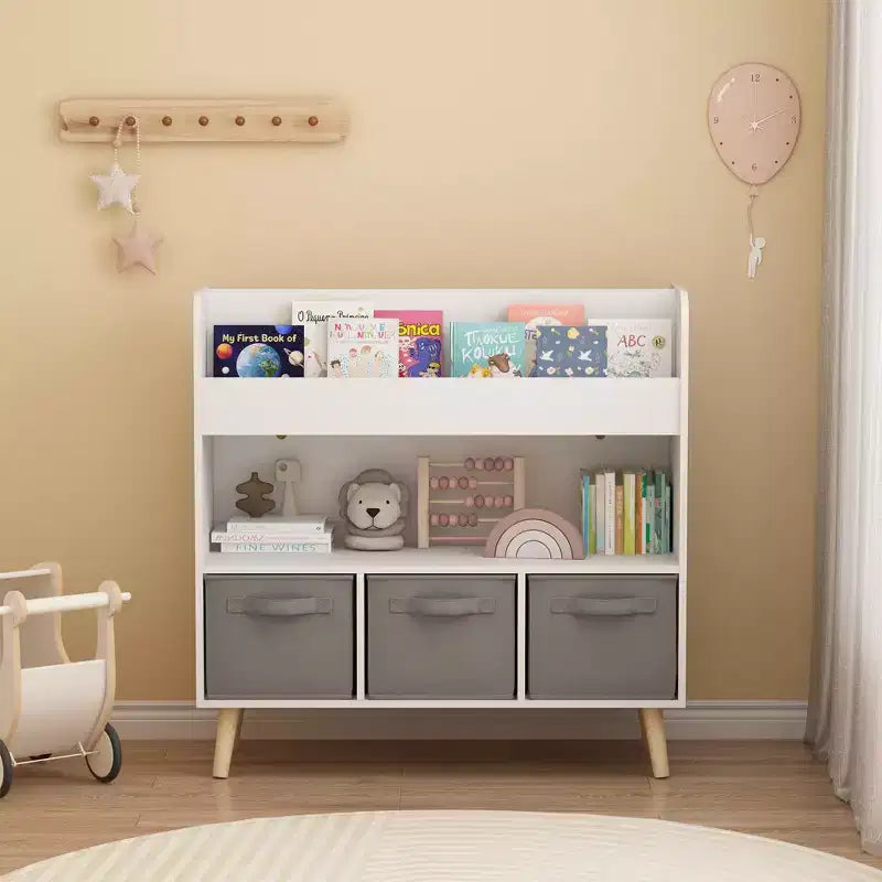 Étagère à Livres pour Enfants avec 3 Bacs en Tissu, Bibliothèque et Organisateur de Rangement de Jouets pour Salle de Jeux, Chambre ou Crèche, Blanc et Gris