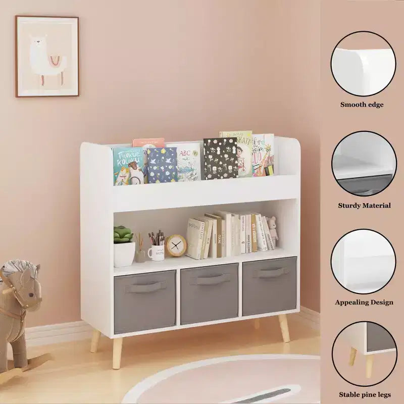 Étagère à Livres pour Enfants avec 3 Bacs en Tissu, Bibliothèque et Organisateur de Rangement de Jouets pour Salle de Jeux, Chambre ou Crèche, Blanc et Gris