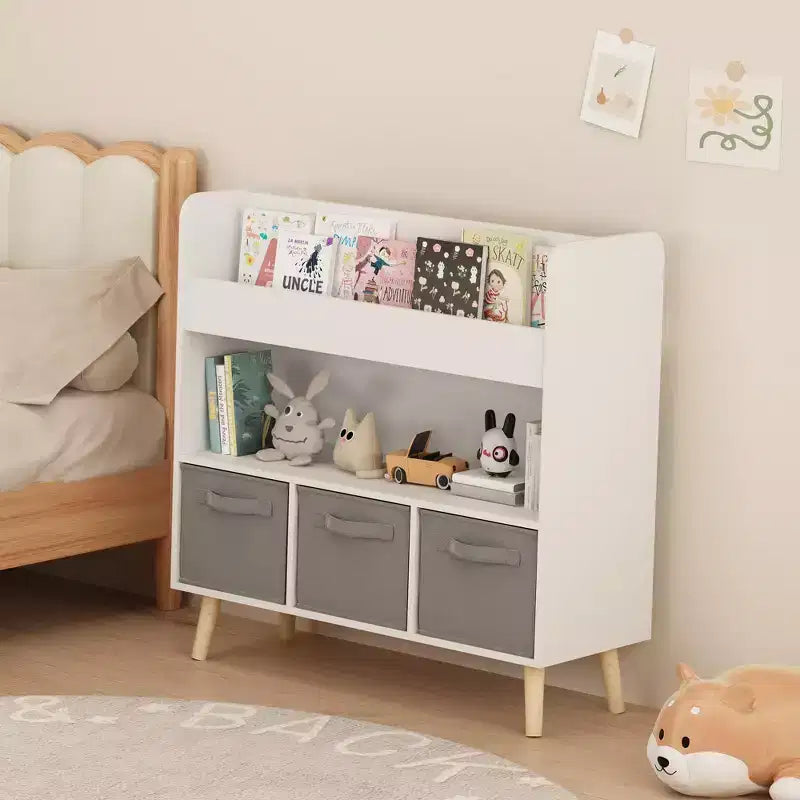 Étagère à Livres pour Enfants avec 3 Bacs en Tissu, Bibliothèque et Organisateur de Rangement de Jouets pour Salle de Jeux, Chambre ou Crèche, Blanc et Gris