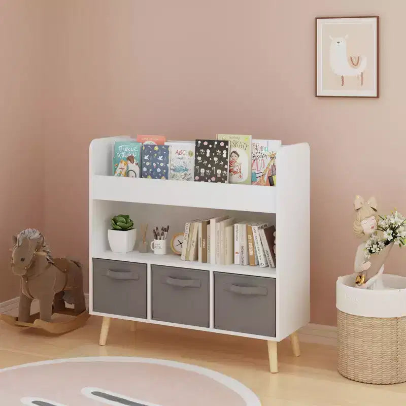 Étagère à Livres pour Enfants avec 3 Bacs en Tissu, Bibliothèque et Organisateur de Rangement de Jouets pour Salle de Jeux, Chambre ou Crèche, Blanc et Gris