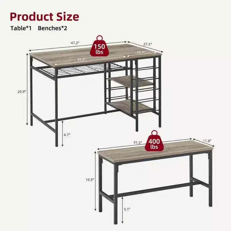 Ensemble table à manger pour 4, table de cuisine avec 2 bancs, étagère à vin et étagère de rangement, ensemble de table à manger rectangulaire, ensemble de table à manger 3 pièces pour l'espace
