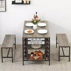 Ensemble table à manger pour 4, table de cuisine avec 2 bancs, étagère à vin et étagère de rangement, ensemble de table à manger rectangulaire, ensemble de table à manger 3 pièces pour l'espace