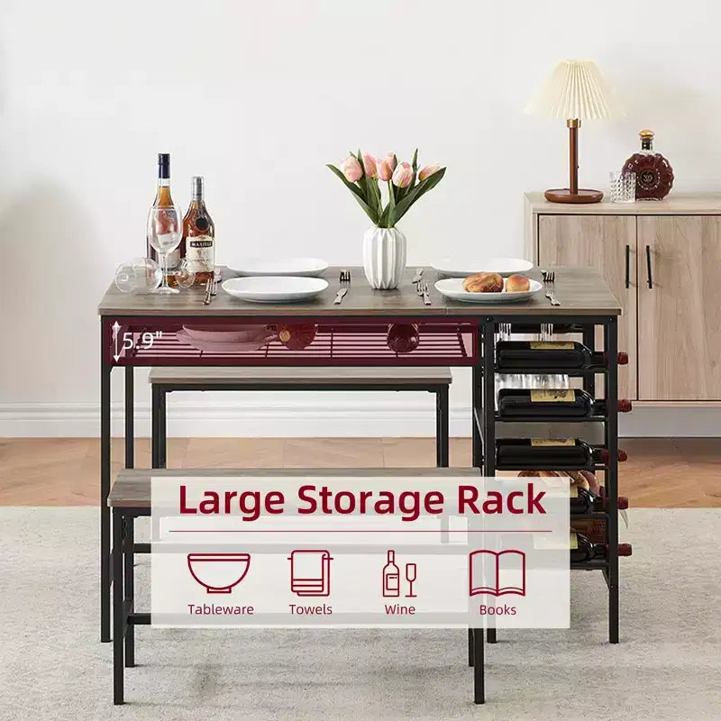 Ensemble table à manger pour 4, table de cuisine avec 2 bancs, étagère à vin et étagère de rangement, ensemble de table à manger rectangulaire, ensemble de table à manger 3 pièces pour l'espace