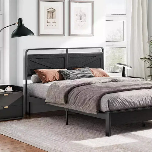 ACOINEL Wooden Panel Queen Headboard, Adjustable Height Head Board with Metal Frame & Bed Frame Adapter, Minimalist Black Headboard