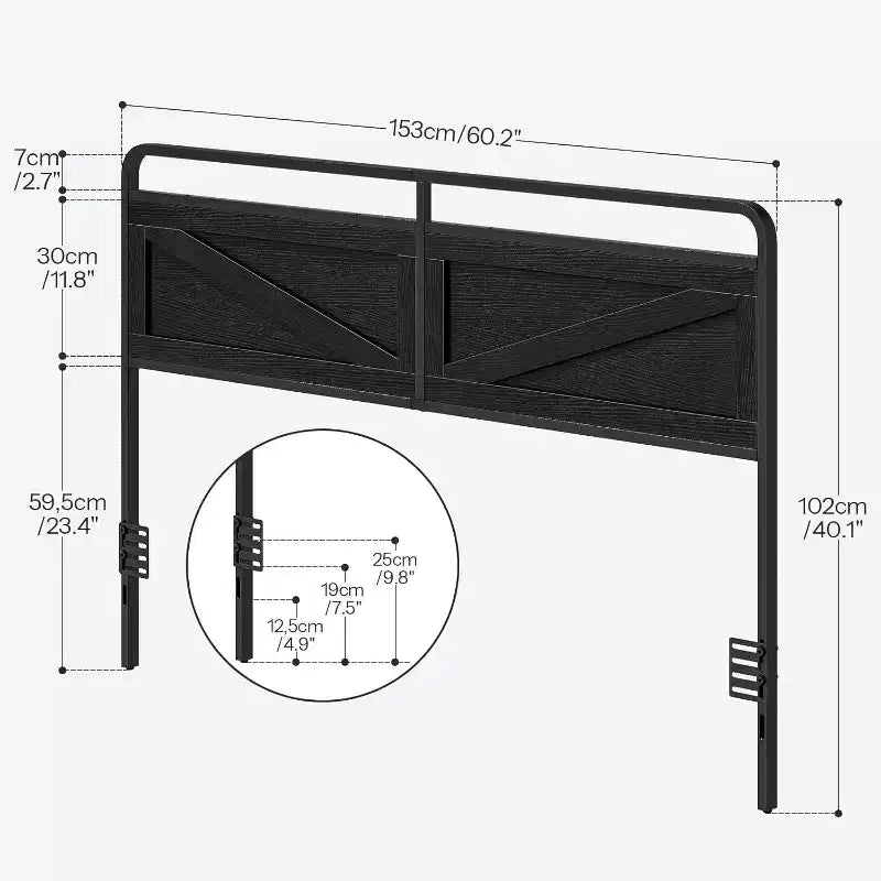 Tête de lit Queen ACOINEL en panneau de bois, Tête de lit réglable en hauteur avec cadre en métal et adaptateur de cadre de lit, Tête de lit noire minimaliste