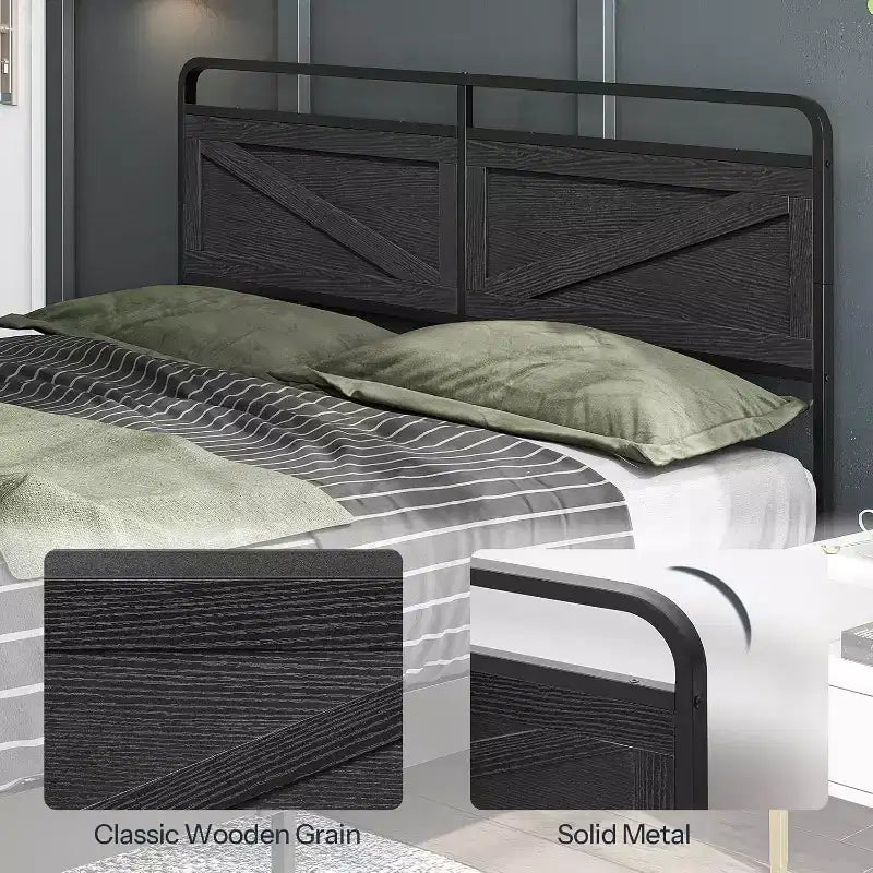 Tête de lit Queen ACOINEL en panneau de bois, Tête de lit réglable en hauteur avec cadre en métal et adaptateur de cadre de lit, Tête de lit noire minimaliste