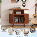 Meuble tourne-disque cannelé Mid-Century Modern de 89 cm, grand support de platine vinyle rond avec station de charge et étagère de présentation, pour salon