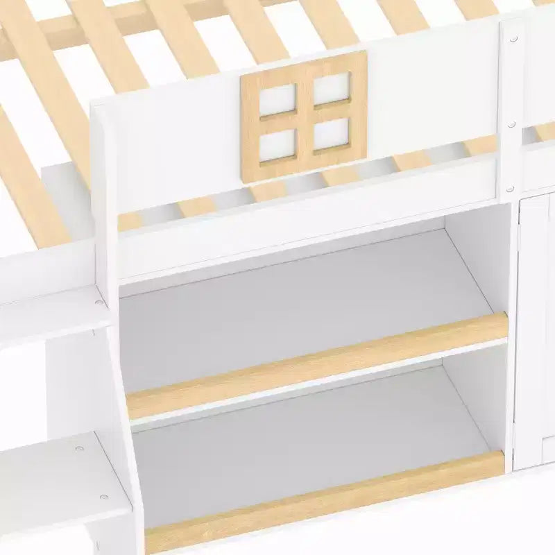 Lit mezzanine bas pour enfant, lit cabane ludique avec escalier à marches, étagères, armoire de rangement et éclairage LED, blanc et naturel – ModernLuxe