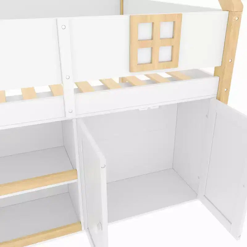 Lit mezzanine bas pour enfant, lit cabane ludique avec escalier à marches, étagères, armoire de rangement et éclairage LED, blanc et naturel – ModernLuxe