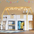 Lit mezzanine bas pour enfant, lit cabane ludique avec escalier à marches, étagères, armoire de rangement et éclairage LED, blanc et naturel – ModernLuxe