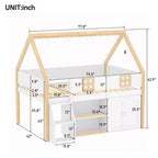 Lit mezzanine bas pour enfant, lit cabane ludique avec escalier à marches, étagères, armoire de rangement et éclairage LED, blanc et naturel – ModernLuxe