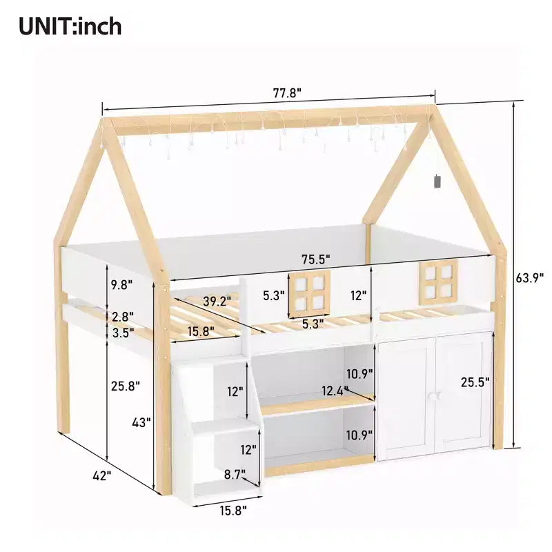 Lit mezzanine bas pour enfant, lit cabane ludique avec escalier à marches, étagères, armoire de rangement et éclairage LED, blanc et naturel – ModernLuxe