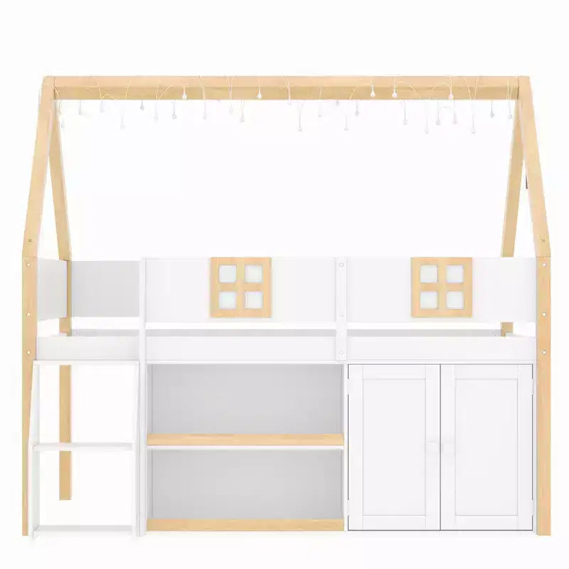 Lit mezzanine bas pour enfant, lit cabane ludique avec escalier à marches, étagères, armoire de rangement et éclairage LED, blanc et naturel – ModernLuxe