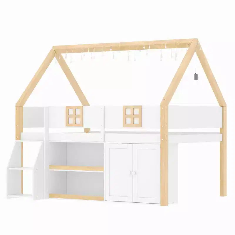 Lit mezzanine bas pour enfant, lit cabane ludique avec escalier à marches, étagères, armoire de rangement et éclairage LED, blanc et naturel – ModernLuxe