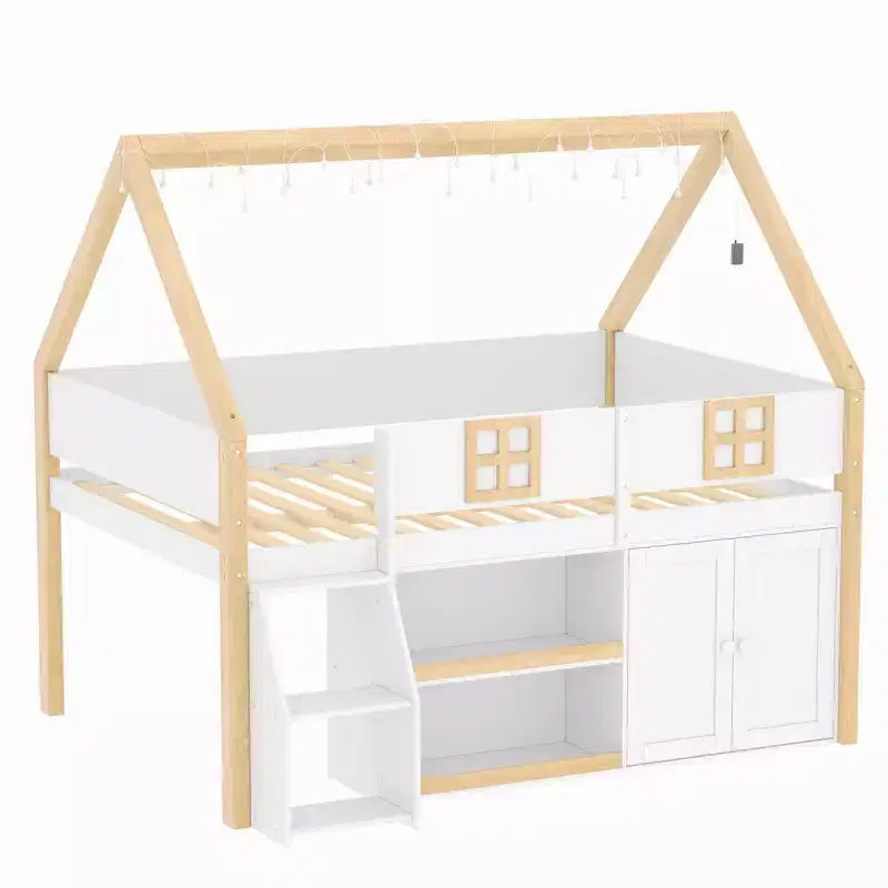 Lit mezzanine bas pour enfant, lit cabane ludique avec escalier à marches, étagères, armoire de rangement et éclairage LED, blanc et naturel – ModernLuxe
