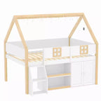 Lit mezzanine bas pour enfant, lit cabane ludique avec escalier à marches, étagères, armoire de rangement et éclairage LED, blanc et naturel – ModernLuxe