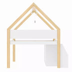Lit mezzanine bas pour enfant, lit cabane ludique avec escalier à marches, étagères, armoire de rangement et éclairage LED, blanc et naturel – ModernLuxe