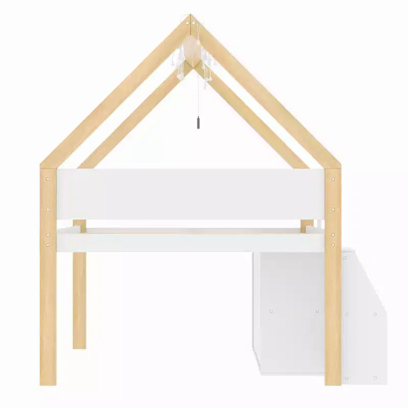 Lit mezzanine bas pour enfant, lit cabane ludique avec escalier à marches, étagères, armoire de rangement et éclairage LED, blanc et naturel – ModernLuxe