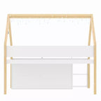 Lit mezzanine bas pour enfant, lit cabane ludique avec escalier à marches, étagères, armoire de rangement et éclairage LED, blanc et naturel – ModernLuxe