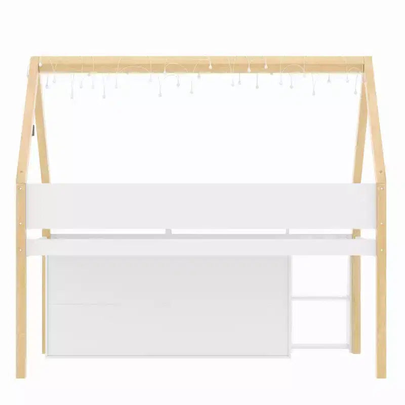 Lit mezzanine bas pour enfant, lit cabane ludique avec escalier à marches, étagères, armoire de rangement et éclairage LED, blanc et naturel – ModernLuxe