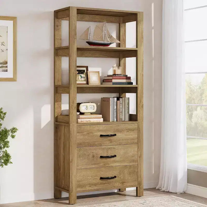 Bibliothèque Lantine avec tiroirs, étagère de 180 cm de haut avec étagères de rangement, grande armoire à étagères pour salon, chambre à coucher, bureau à domicile, marron rustique