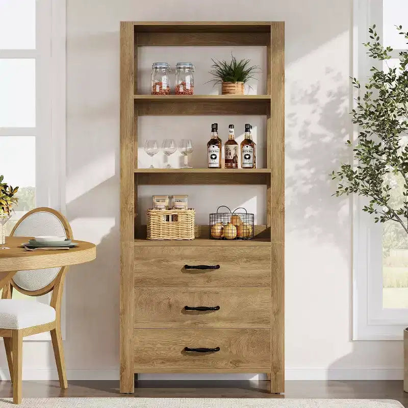 Bibliothèque Lantine avec tiroirs, étagère de 180 cm de haut avec étagères de rangement, grande armoire à étagères pour salon, chambre à coucher, bureau à domicile, marron rustique