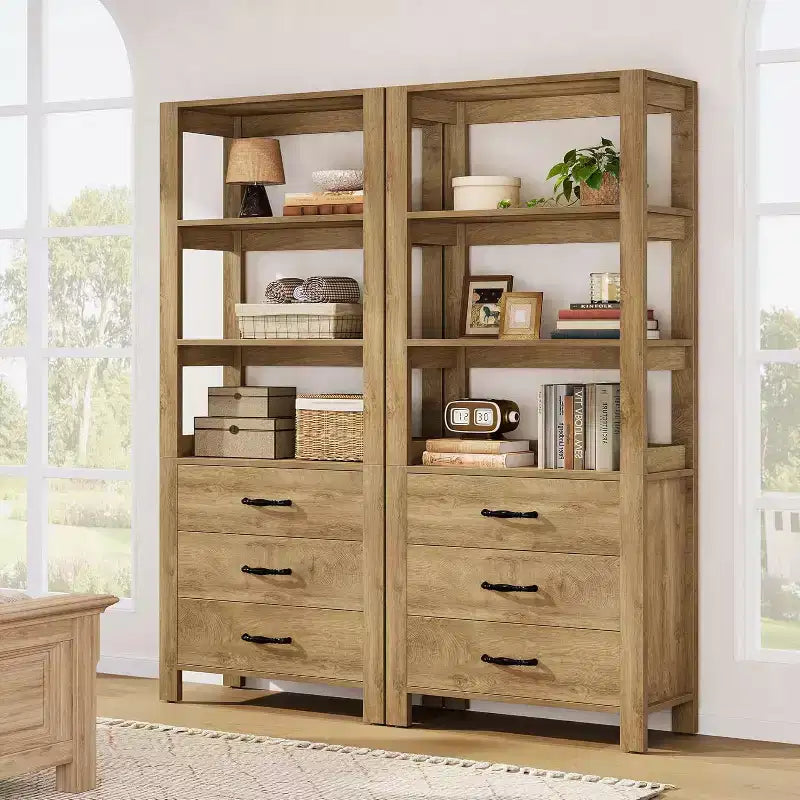 Bibliothèque Lantine avec tiroirs, étagère de 180 cm de haut avec étagères de rangement, grande armoire à étagères pour salon, chambre à coucher, bureau à domicile, marron rustique