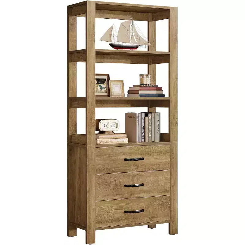 Bibliothèque Lantine avec tiroirs, étagère de 180 cm de haut avec étagères de rangement, grande armoire à étagères pour salon, chambre à coucher, bureau à domicile, marron rustique