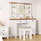 Coiffeuse de maquillage avec miroir, table de maquillage blanche à plateau en verre de 42 pouces, tabouret rembourré, tiroirs, meuble et étagère ouverte
