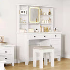 Coiffeuse de maquillage avec miroir, table de maquillage blanche à plateau en verre de 42 pouces, tabouret rembourré, tiroirs, meuble et étagère ouverte