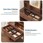 Coiffeuse de maquillage avec miroir, table de maquillage blanche à plateau en verre de 42 pouces, tabouret rembourré, tiroirs, meuble et étagère ouverte