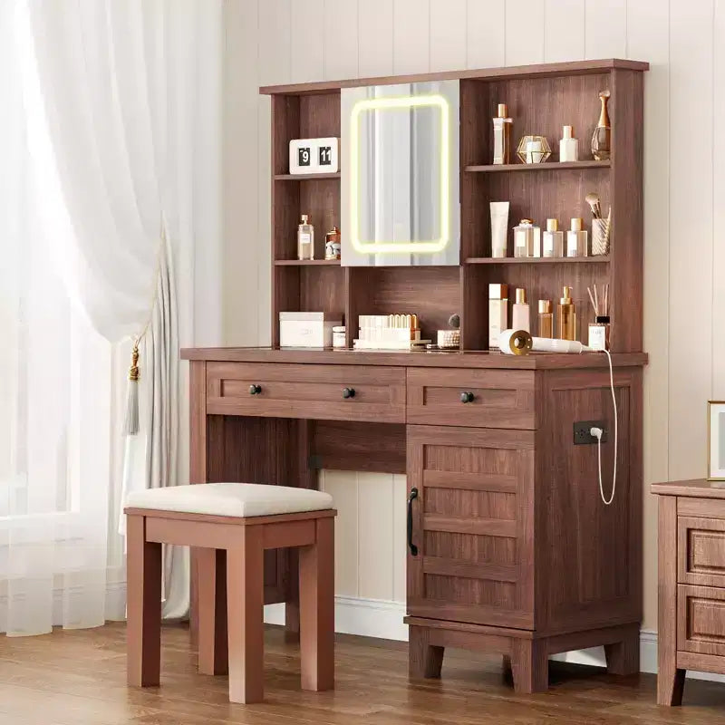 Coiffeuse de maquillage avec miroir, table de maquillage blanche à plateau en verre de 42 pouces, tabouret rembourré, tiroirs, meuble et étagère ouverte