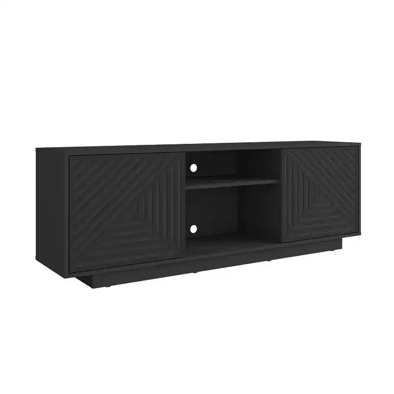 Meuble TV moderne d'inspiration médiévale JVNOXK avec deux étagères ouvertes. Portes à motifs et lignes épurées. Convient aux téléviseurs jusqu'à 70 pouces. Noir