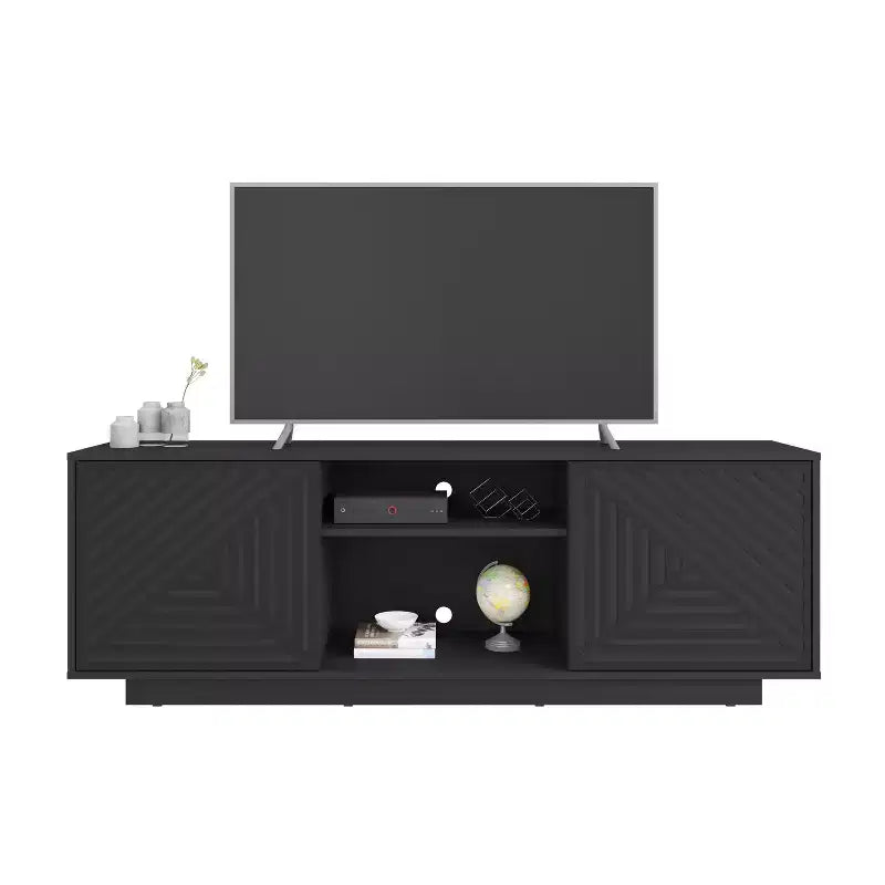 Meuble TV moderne d'inspiration médiévale JVNOXK avec deux étagères ouvertes. Portes à motifs et lignes épurées. Convient aux téléviseurs jusqu'à 70 pouces. Noir