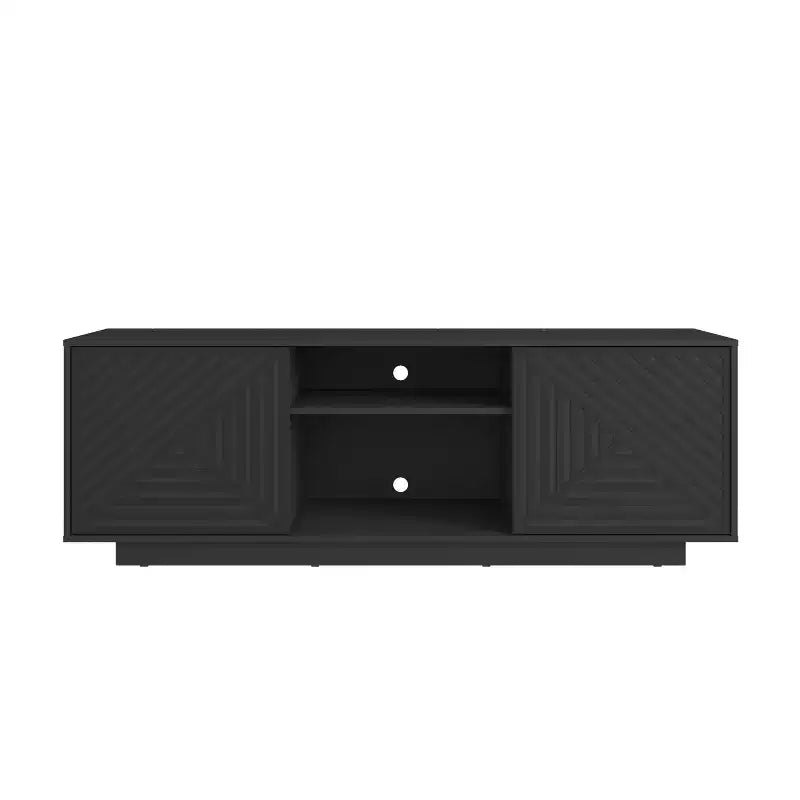 Meuble TV moderne d'inspiration médiévale JVNOXK avec deux étagères ouvertes. Portes à motifs et lignes épurées. Convient aux téléviseurs jusqu'à 70 pouces. Noir