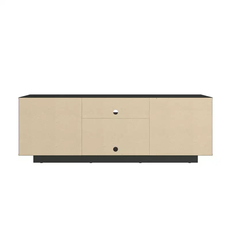 Meuble TV moderne d'inspiration médiévale JVNOXK avec deux étagères ouvertes. Portes à motifs et lignes épurées. Convient aux téléviseurs jusqu'à 70 pouces. Noir