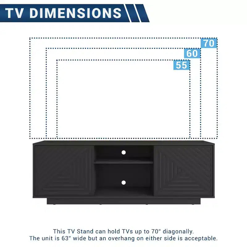 Meuble TV moderne d'inspiration médiévale JVNOXK avec deux étagères ouvertes. Portes à motifs et lignes épurées. Convient aux téléviseurs jusqu'à 70 pouces. Noir