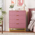 Commode de chambre, commode en bois rose à 4 tiroirs avec poignées, rangement moderne pour couloir et entrée