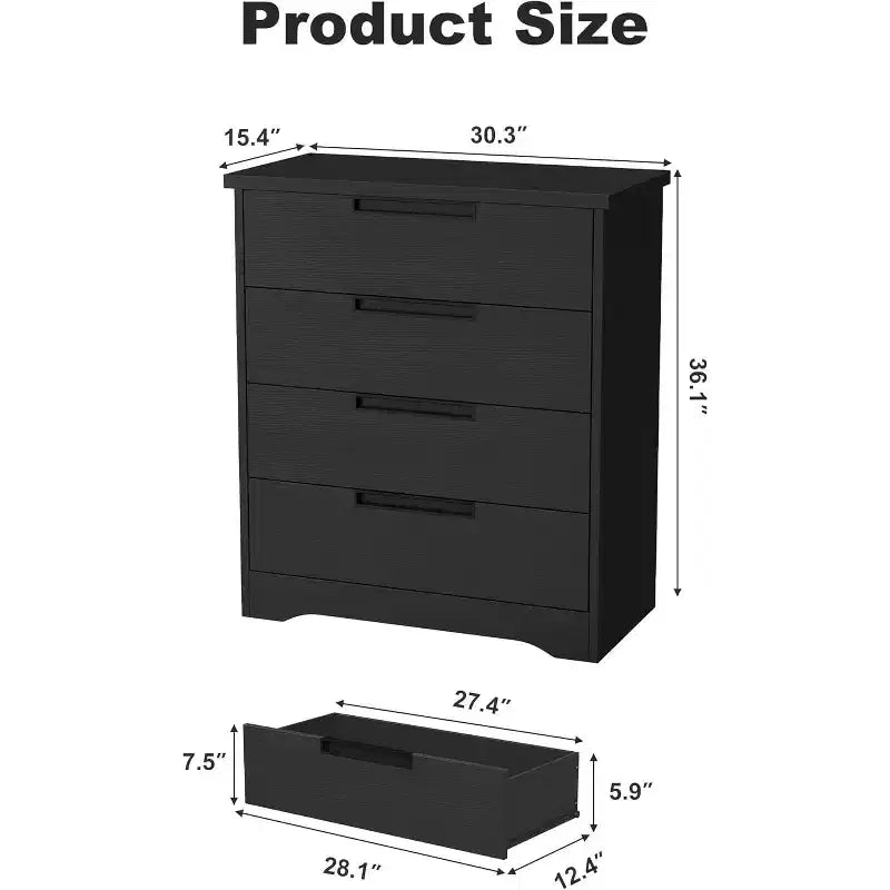 Commode noire à 4 tiroirs avec poignées encastrées - Commode moderne en bois pour chambre à coucher, salon, chambre d'enfant