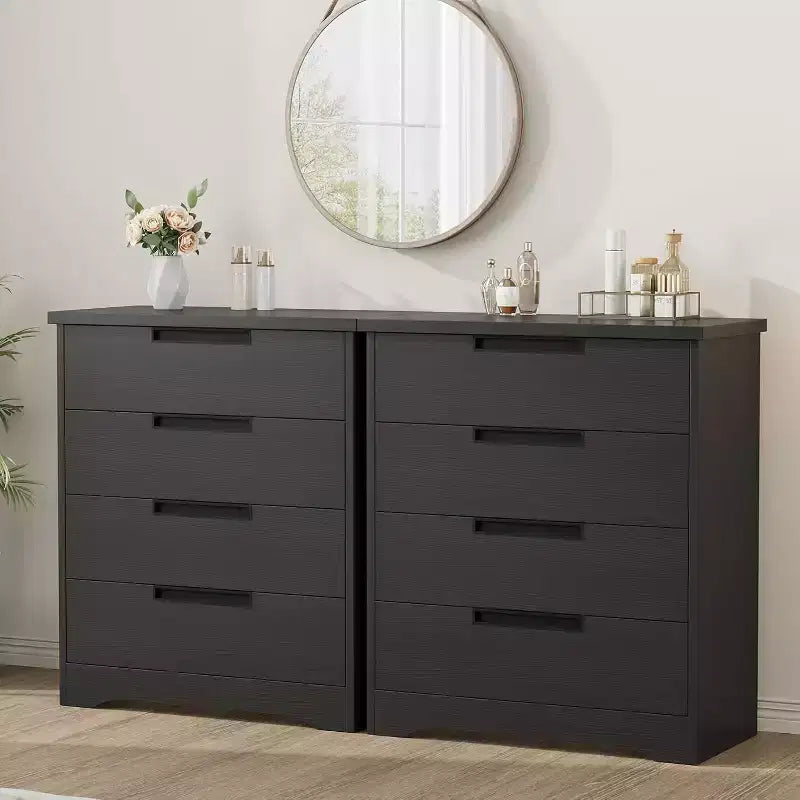 Commode noire à 4 tiroirs avec poignées encastrées - Commode moderne en bois pour chambre à coucher, salon, chambre d'enfant