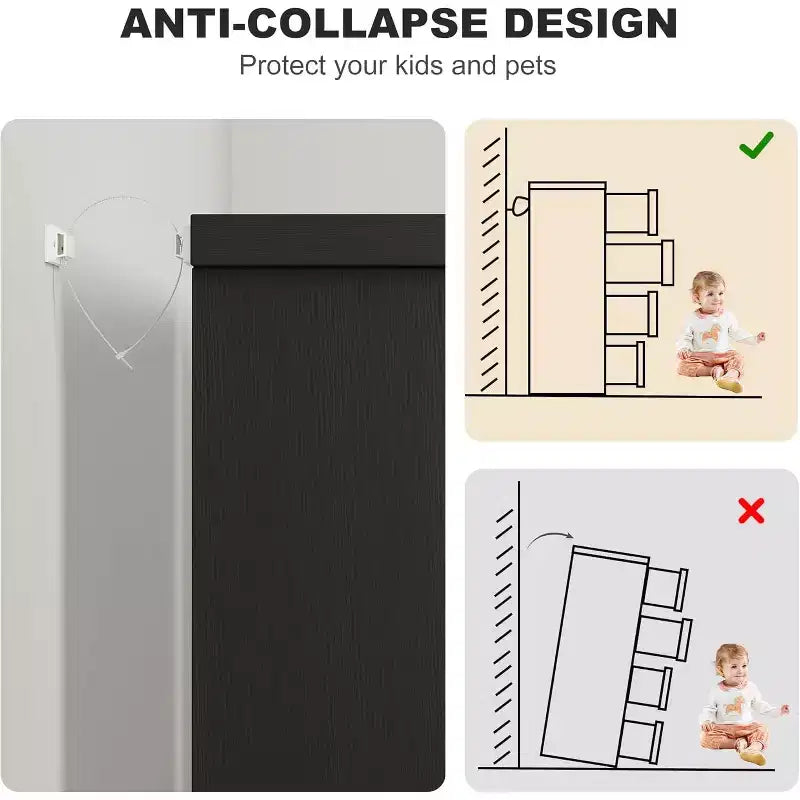 Commode noire à 4 tiroirs avec poignées encastrées - Commode moderne en bois pour chambre à coucher, salon, chambre d'enfant