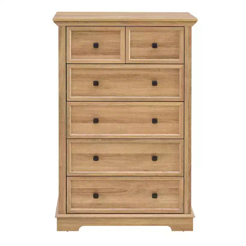 Commode à 6 tiroirs avec poignées métalliques modernes et plateau en bois massif pour l'organisation du rangement dans la chambre à coucher