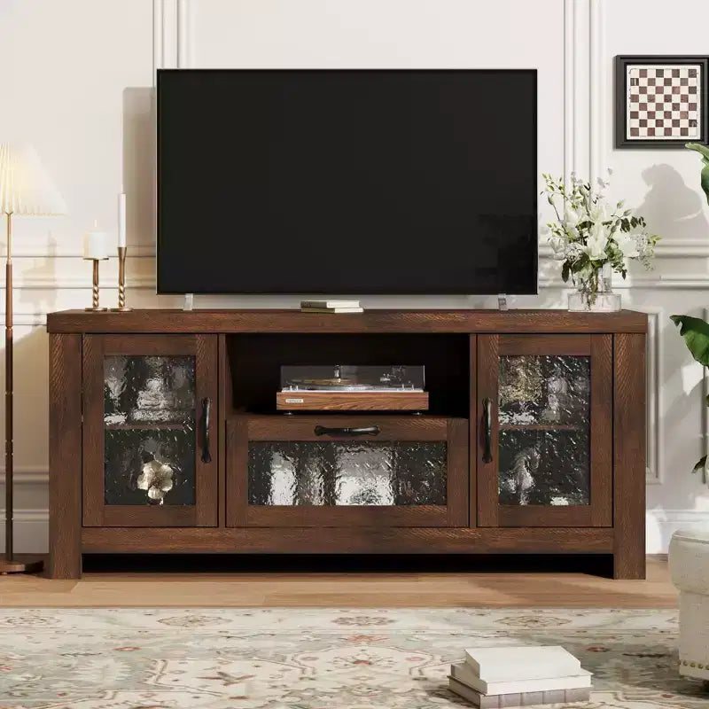 Meuble TV de ferme pour téléviseurs jusqu'à 60 pouces, meuble de divertissement avec porte en acrylique, armoires de rangement, console TV robuste pour salon et chambre.